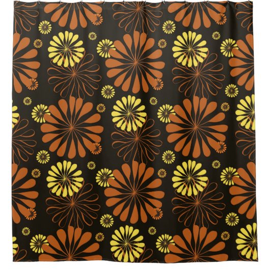 Geel en Koper Retro Bloemen Print op Bruin Douchegordijn (Voorkant)