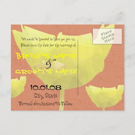 Geel en koraal Save The Date Poppy Aankondigingskaart (Achterkant)