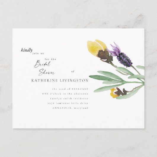 Geel en lavender Floral Bridal Shower Briefkaart (Voorkant)