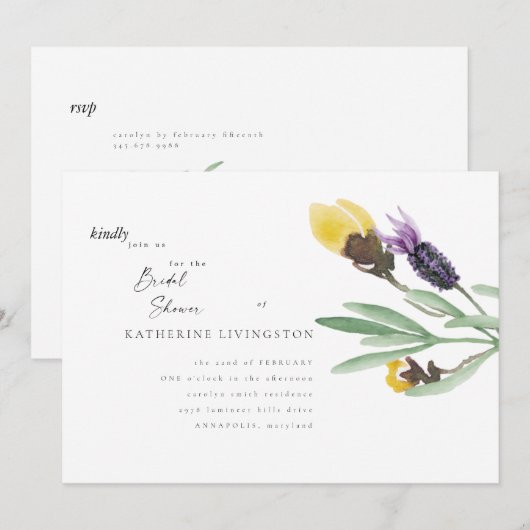 Geel en lavender Floral Bridal Shower Kaart (Voorkant / Achterkant)