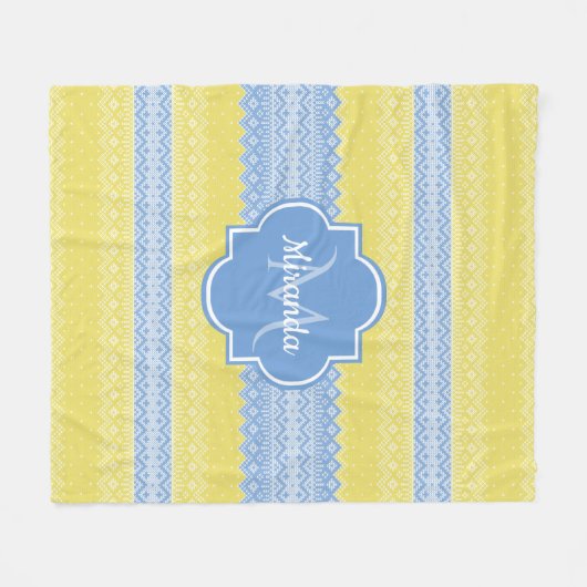 Geel en licht blauw nit patroon met monogram fleece deken (Voorkant (Horizontaal))
