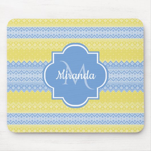 Geel en licht blauw nit patroon met monogram muismat (Voorkant)