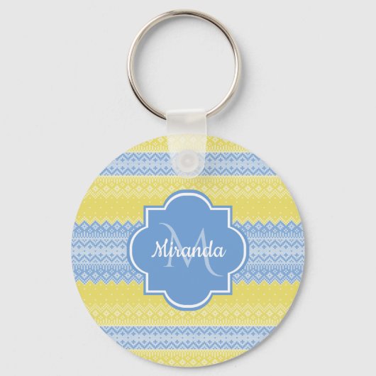 Geel en licht blauw nit patroon met monogram sleutelhanger (Voorkant)