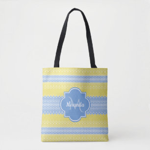 Geel en licht blauw nit patroon met monogram tote bag