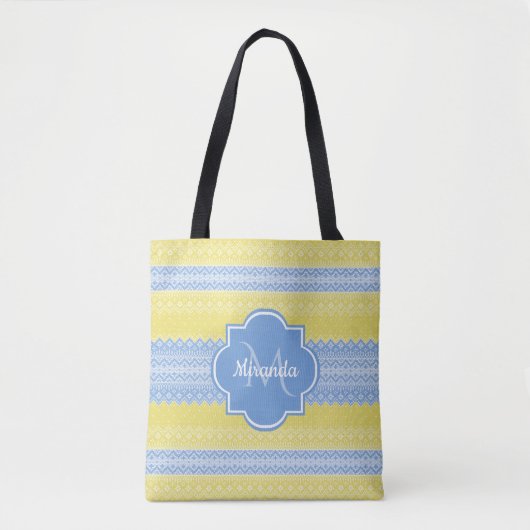 Geel en licht blauw nit patroon met monogram tote bag (Voorkant)