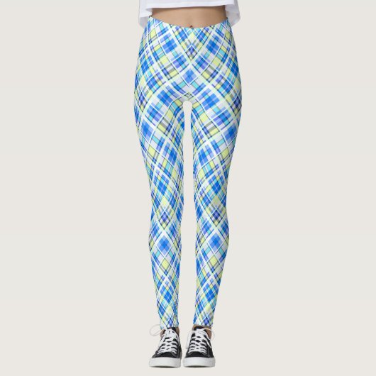 Geel en lichtblauw geruit printpatroon leggings (Voorkant)