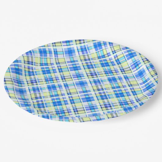 Geel en lichtblauw geruit printpatroon papieren bordje (Gekanteld)