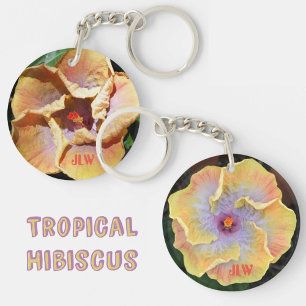 Geel en Lila Hibiscus Flowers met Initialen Sleutelhanger