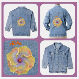 Geel en Lila Tropische Hibiscus Hawaiian Aloha Denim Jacket