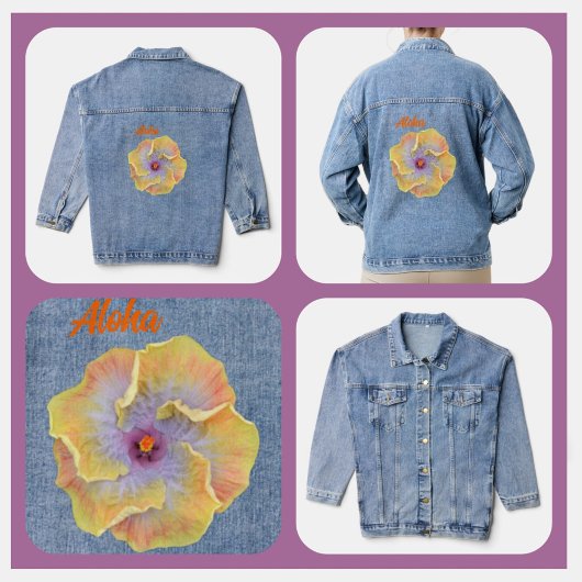 Geel en Lila Tropische Hibiscus Hawaiian Aloha Denim Jacket