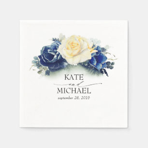 Geel en marineblauw bloemenbruiloft servet