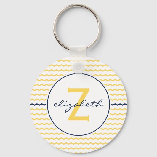 Geel en marineblauw Chevron Monogram Sleutelhanger (Voorkant)