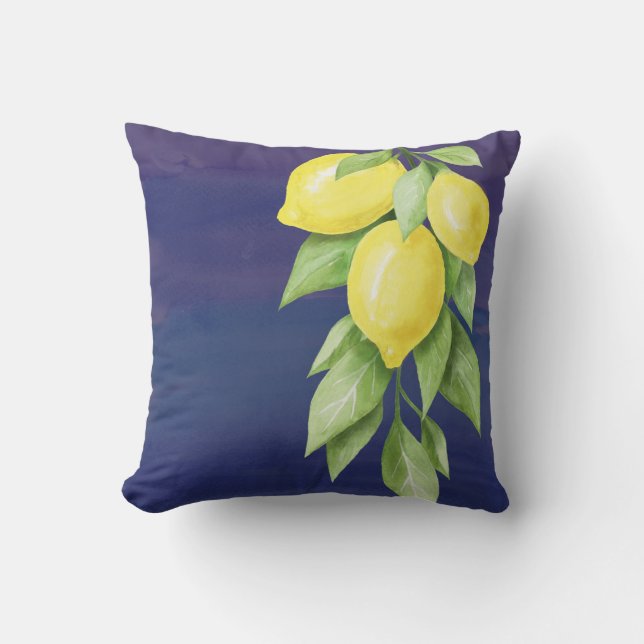 Geel en marineblauw Lemon floral Pillow Kussen (Voorkant)