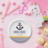 Geel en marineblauw Nautical Anchor Wedding Papieren Bordje (Feest)