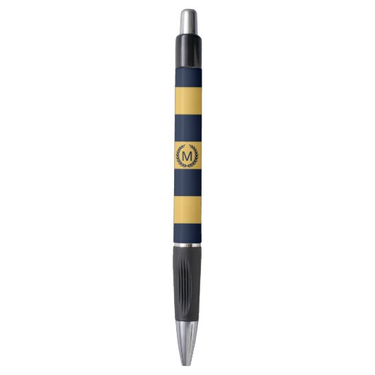 Geel en marineblauw Striped Monogram gepersonalise Pen (Voorkant Verticaal)