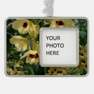 Geel en maroon Orchids Elegant Floral Verzilverd Omlijst Ornament