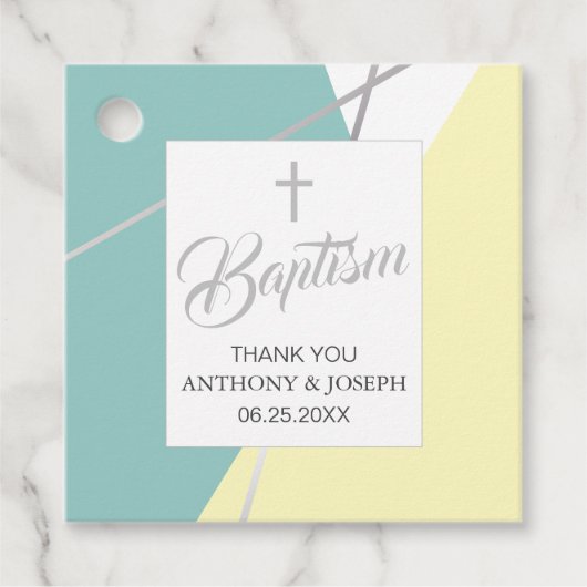 Geel en Mint Groen Contemhedendaags Baptisme Bedankjes Labels (Voorkant)