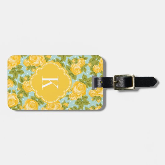 Geel en Mint Rozen Monogram Bagagelabel (Voorkant horizontaal)