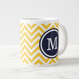 Geel en Navy Blue Chevron Custom Monogram Grote Koffiekop