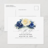Geel en Navy Blue Floral Boho Save the Date Briefkaart (Voorkant / Achterkant)