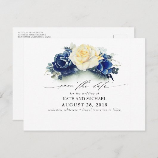 Geel en Navy Blue Floral Boho Save the Date Briefkaart (Voorkant / Achterkant)