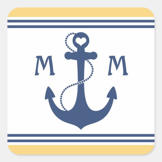 Geel en Navy Blue Heart Anker Monogram Vierkante Sticker (Voorkant)