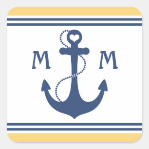 Geel en Navy Blue Heart Anker Monogram Vierkante Sticker