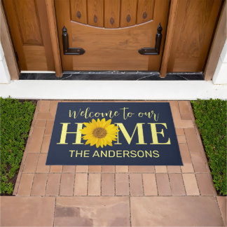 Geel en Navy Custom Name Zonnebloem Welkom Deurmat