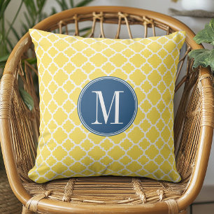Geel en Navy Quatrefoil Pattern Custom Monogram Kussen