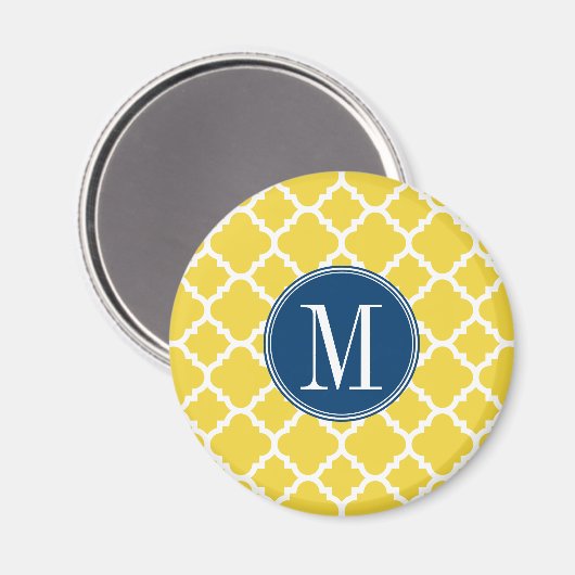 Geel en Navy Quatrefoil Pattern Custom Monogram Magneet (Voorkant / Achterkant)