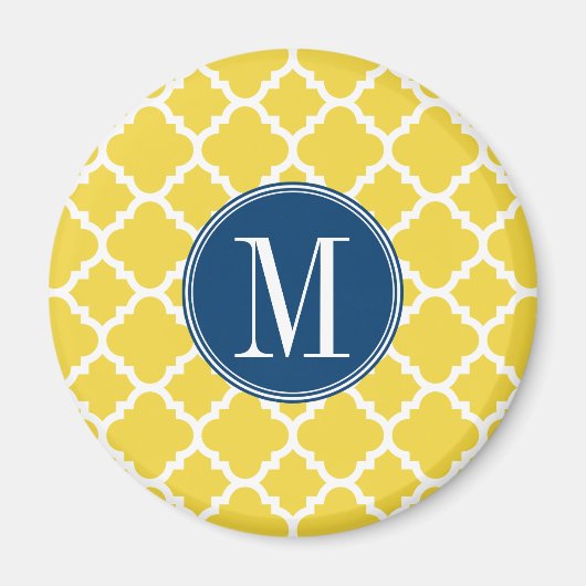 Geel en Navy Quatrefoil Pattern Custom Monogram Magneet (Voorkant)
