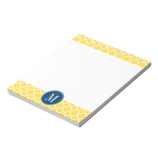 Geel en Navy Quatrefoil Pattern Custom Monogram Notitieblok (Linkerzijde)