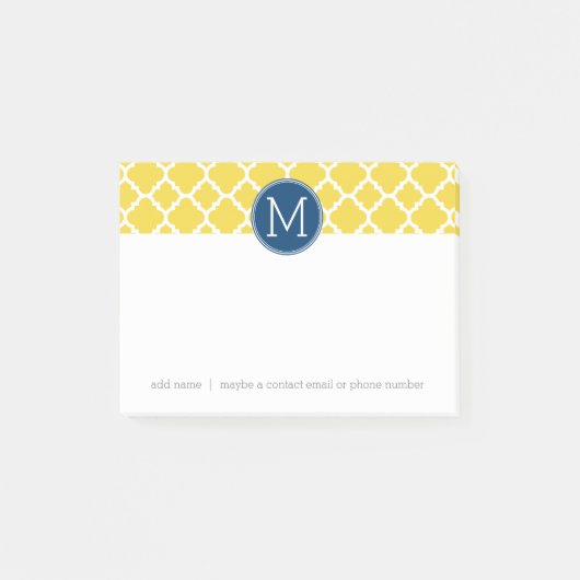 Geel en Navy Quatrefoil Pattern Custom Monogram Post-it® Notes (Voorkant)