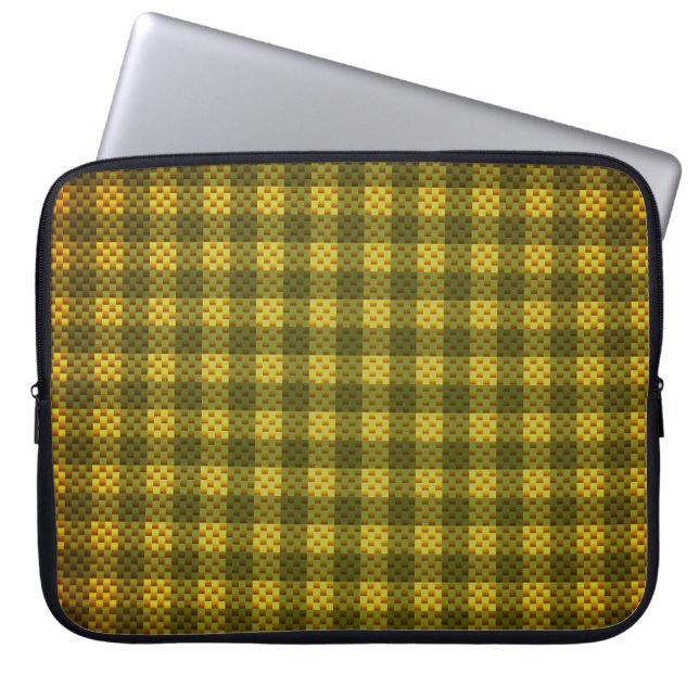 Geel en olijfgecontroleerd koolstofvezel gepatterd laptop sleeve (Voorkant)