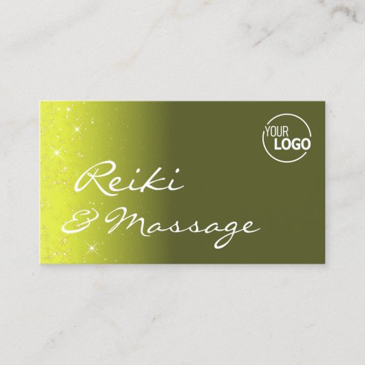 Geel en olijfgroen glitteraar met Logo Visitekaartje (Voorkant)