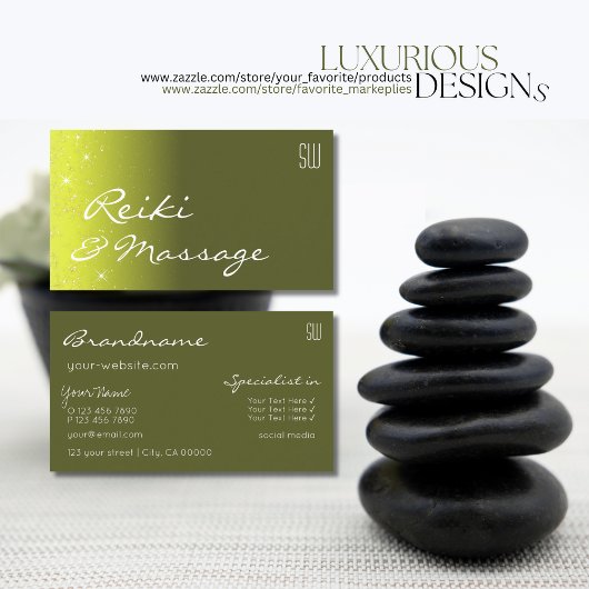 Geel en olijfgroen glittersterren met monogram visitekaartje