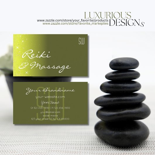 Geel en olijfgroen strooisel met Initialen Visitekaartje