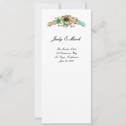 Geel en oranje aquarel bloem bruiloftsmenu aankondiging (Achterkant)