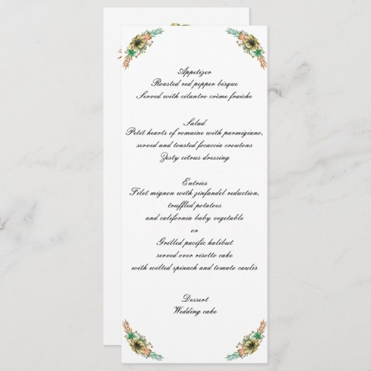 Geel en oranje aquarel bloem bruiloftsmenu aankondiging (Voorkant / Achterkant)