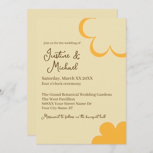 Geel en oranje retro bloemen bruiloft kaart (Voorkant / Achterkant)