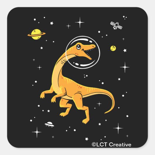 Geel en Oranje velociraptor dinos in de ruimte Vierkante Sticker (Voorkant)
