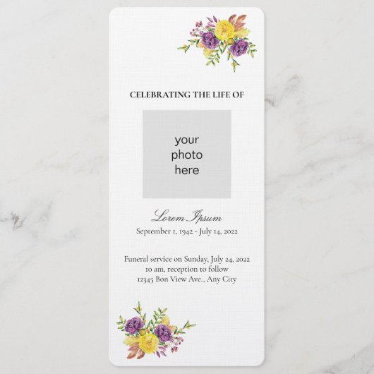Geel en Paars Botanische Spuit Funeral Programmakaart (Voorkant)