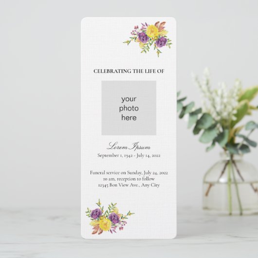 Geel en Paars Botanische Spuit Funeral Programmakaart (Staand voorkant)