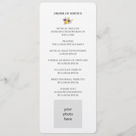 Geel en Paars Botanische Spuit Funeral Programmakaart (Achterkant)