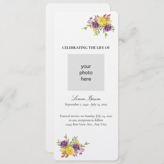 Geel en Paars Botanische Spuit Funeral Programmakaart (Voorkant / Achterkant)