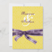 Geel en Paars Damask & Bow Wedding Invitation Kaart (Voorkant)