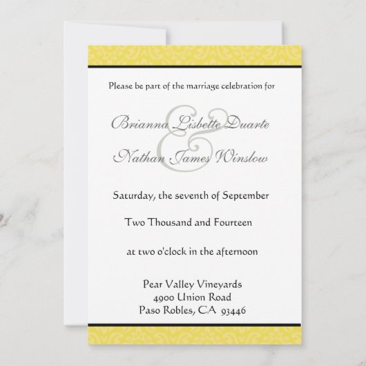Geel en Paars Damask & Bow Wedding Invitation Kaart (Achterkant)