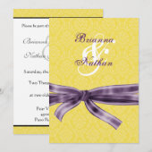 Geel en Paars Damask & Bow Wedding Invitation Kaart (Voorkant / Achterkant)