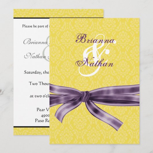 Geel en Paars Damask & Bow Wedding Invitation Kaart (Voorkant / Achterkant)