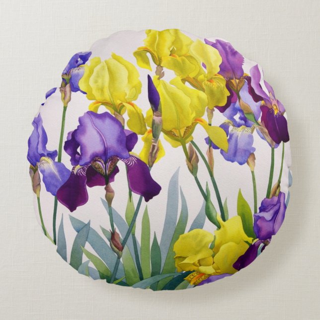 Geel en Paars Irises Rond Kussen (Voorkant)